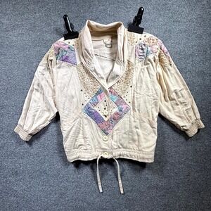 VTG Lim's Crochet Jacket Women One Size Beige Pastel Studded Cotton Shawl Collar